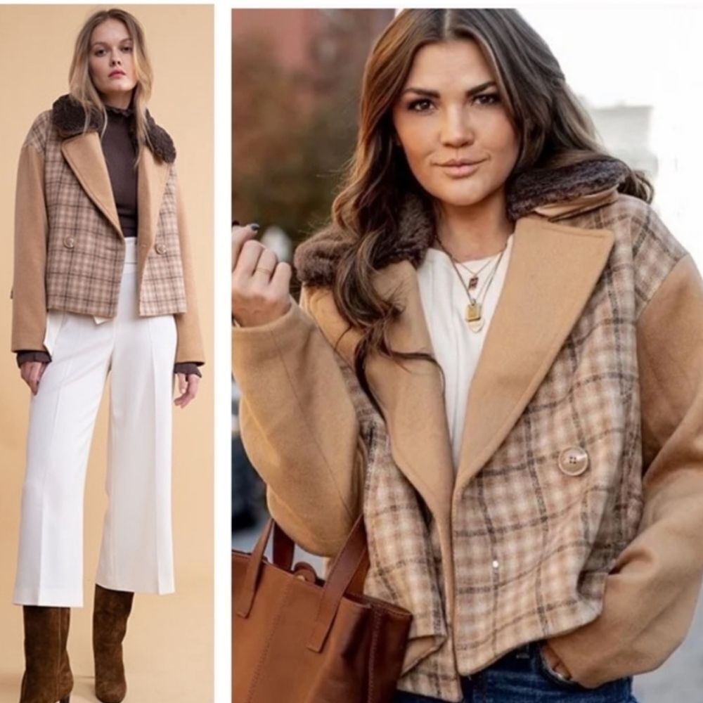 NWT Rachel Parcell Camel Plaid Cropped Coat Polyester Wool Blend Size XS